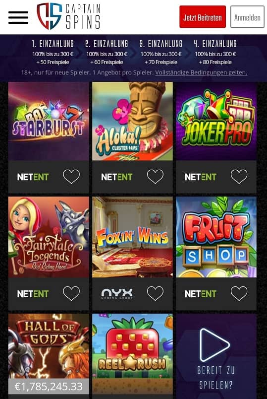 Captain Spins Spielangebot