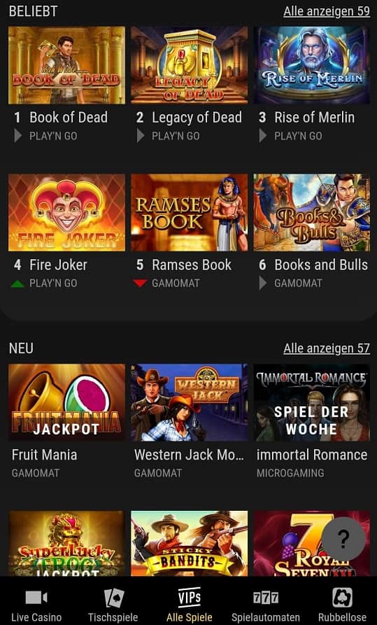 vips casino spielangebot