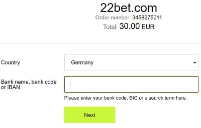 22Bet Einzahlung per Banküberweisung